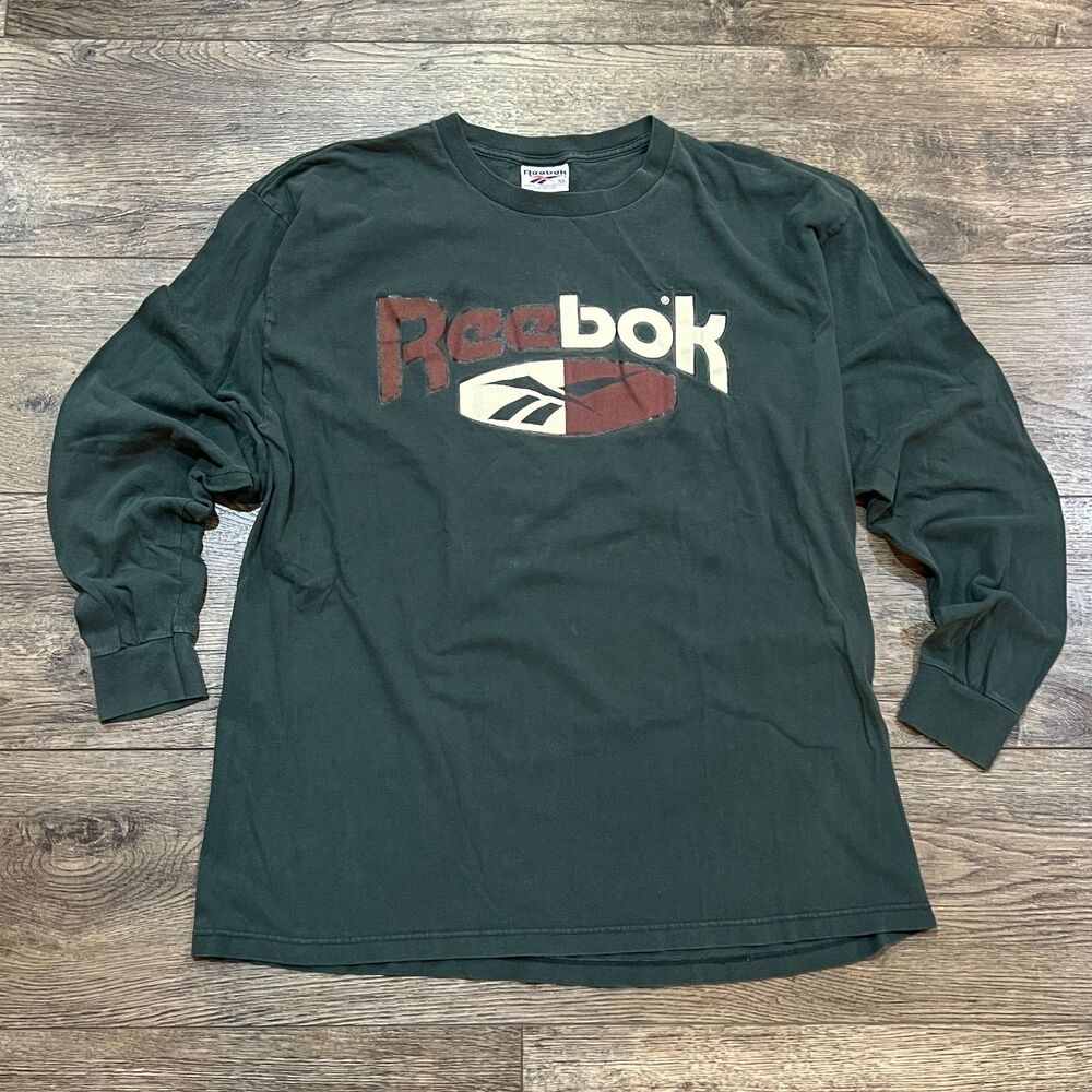 Vintage 90s Reebok XL Long Sleeve Shirt Made in USA Green Spell Out Logo